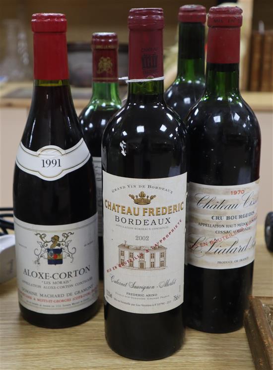 A bottle of Aloxe-Corton Le Morais 1991, two bottles of Chateau Cissac Cru Bourgeois 1970 and two bottles of Bordeaux wine